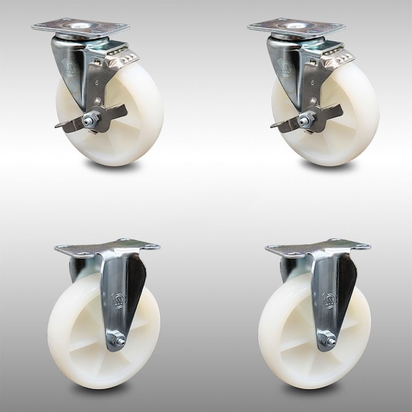 5 Inch SS Nylon Wheel Swivel Top Plate Caster Set with 2 Brake 2 Rigid SCC